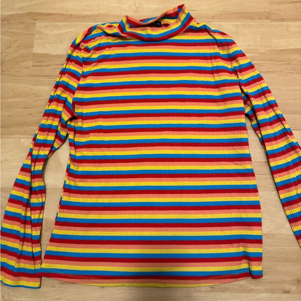 Bright Ribbed Striped Rainbow Women's Turtleneck Top Size 2XL